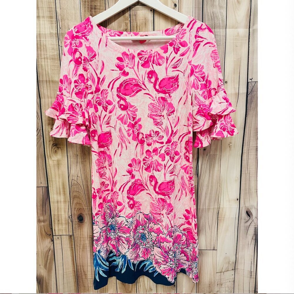 Lilly Pulitzer Lula Coral Reef Flamingle Ruffle Flounce Sleeve Shift Dress XS